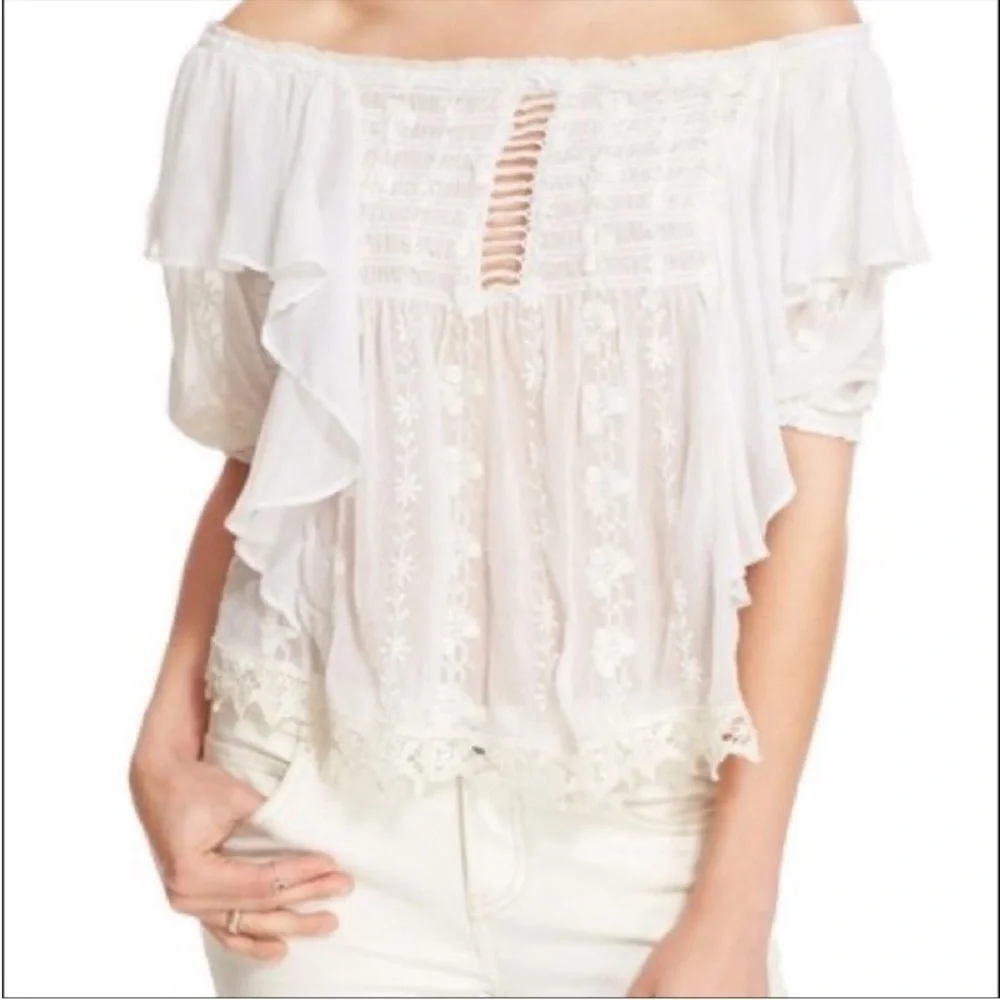 Free People Cream Lace Peasant Blouse with Ruffled Shoulders
